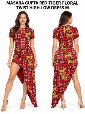 Masaba Gupta Red Floral High-Low Twist Dress with Yellow Accents